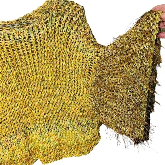 Hand Crafted Boho Yellow Fabric Knit Cropped Sweater Wide Sleeves Fuzzy Top O/S - Picture 7 of 9